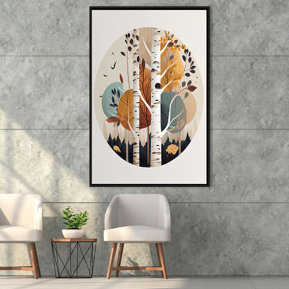 Birch Tree Retro Art Print, Large Canvas, Framed Canvas Print Wall Art Home Decor, Floating Frame