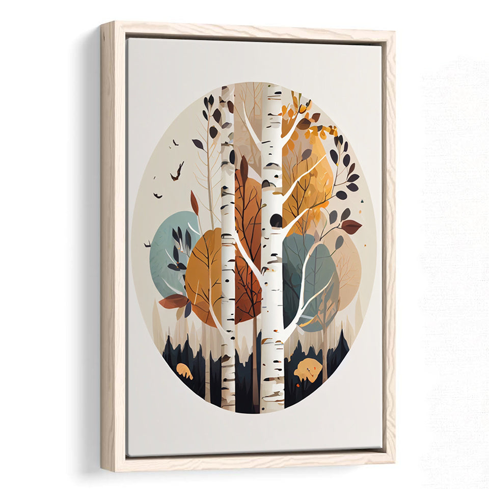 Birch Tree Retro Art Print, Large Canvas, Framed Canvas Print Wall Art Home Decor, Floating Frame