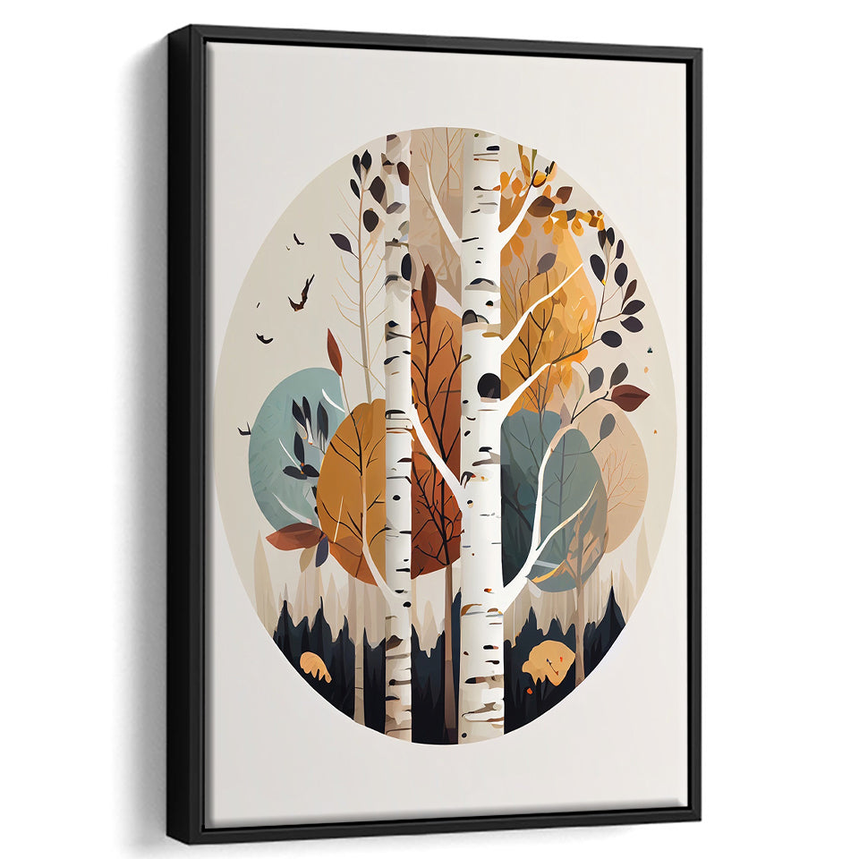 Birch Tree Retro Art Print, Large Canvas, Framed Canvas Print Wall Art Home Decor, Floating Frame