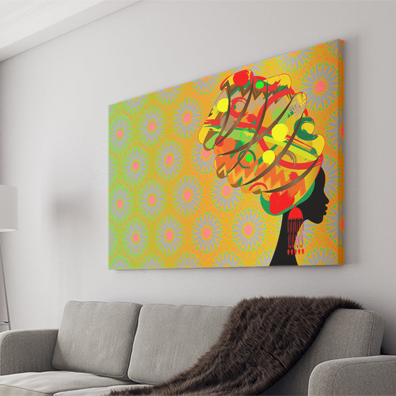 Black African Lady w Colorful Turban Canvas Prints Wall Art - Painting Canvas, African Art, Home Wall Decor, Painting Prints, For Sale