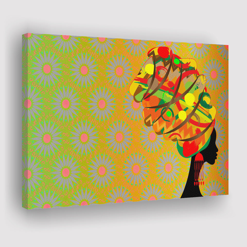 Black African Lady w Colorful Turban Canvas Prints Wall Art - Painting Canvas, African Art, Home Wall Decor, Painting Prints, For Sale