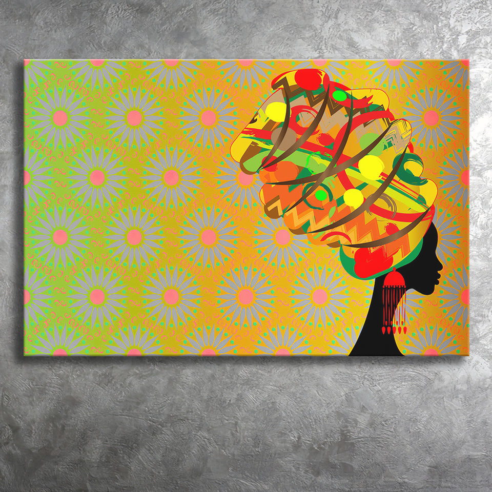 Black African Lady w Colorful Turban Canvas Prints Wall Art - Painting Canvas, African Art, Home Wall Decor, Painting Prints, For Sale