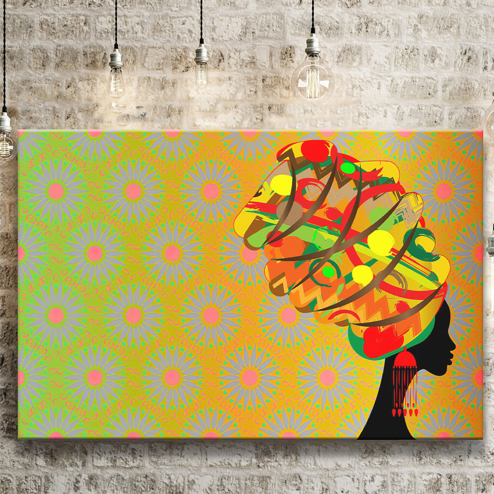 Black African Lady w Colorful Turban Canvas Prints Wall Art - Painting Canvas, African Art, Home Wall Decor, Painting Prints, For Sale
