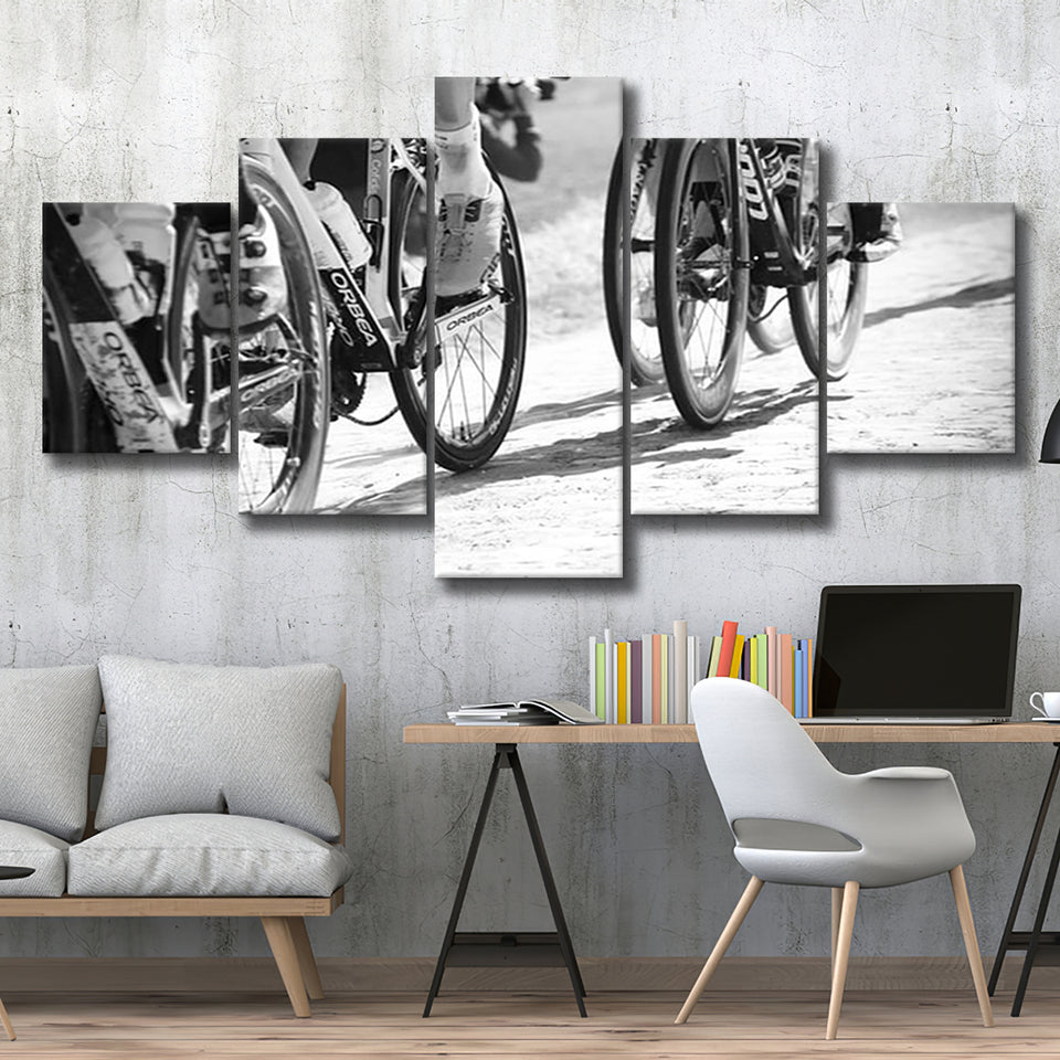 Black And White Cycling Canvas Print Roubaix Cycling 5 Piece Canvas Prints Wall Art Decor, Multi Panels, Mixed Canvas