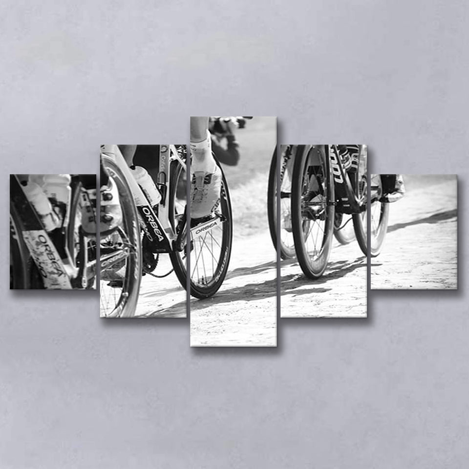 Black And White Cycling Canvas Print Roubaix Cycling 5 Piece Canvas Prints Wall Art Decor, Multi Panels, Mixed Canvas