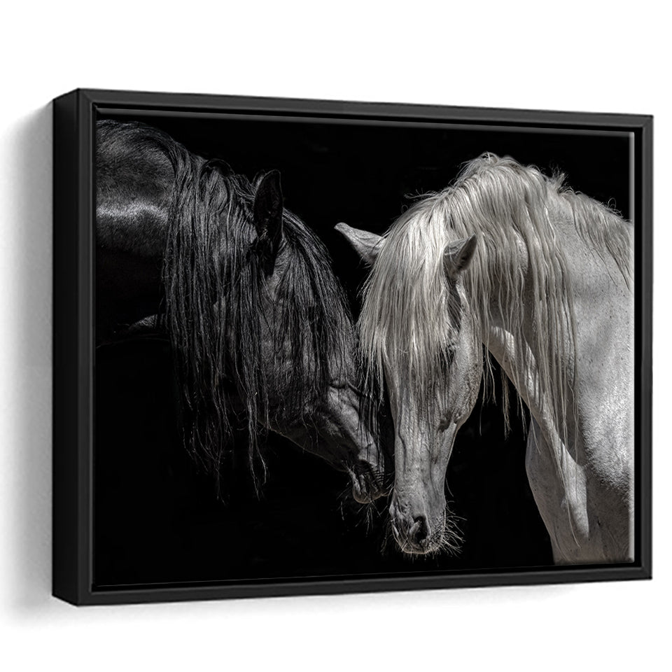 Black And White Horse, Horse Couple, Framed Canvas Prints Wall Art Home Decor,Floating Frame, Ready to Hang