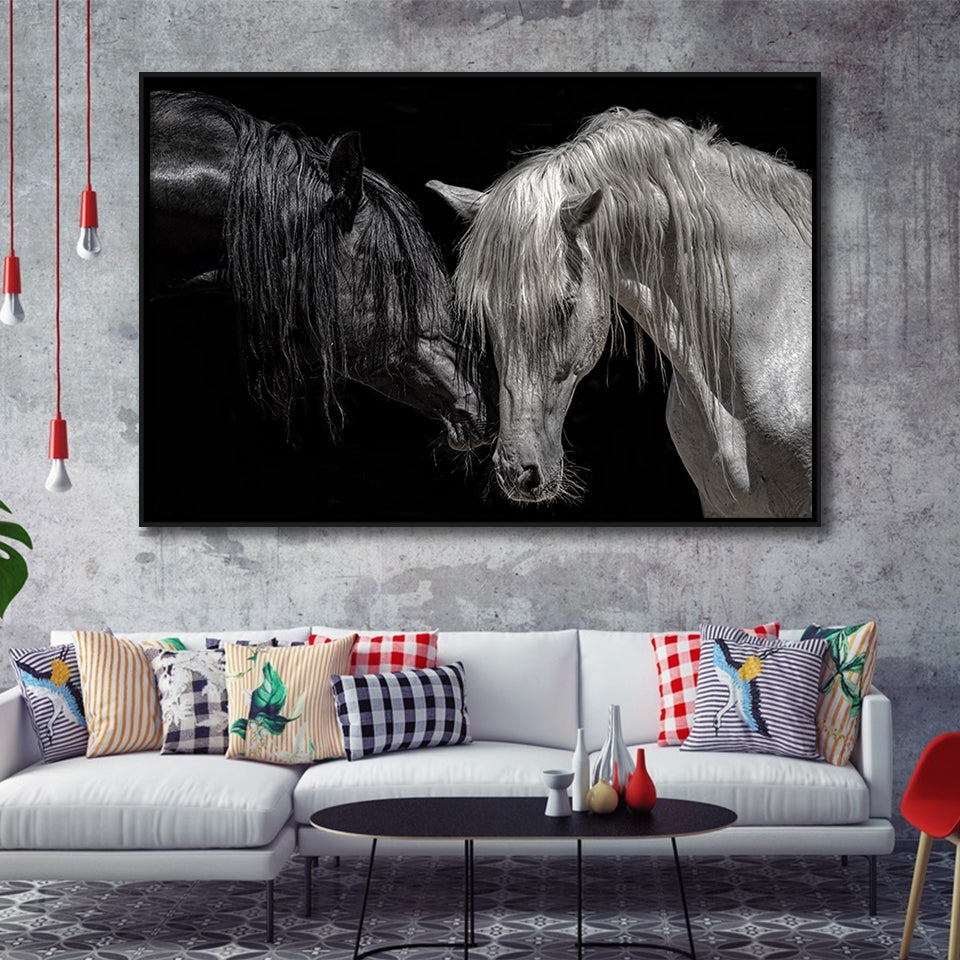Black And White Horse, Horse Couple, Framed Canvas Prints Wall Art Home Decor,Floating Frame, Ready to Hang
