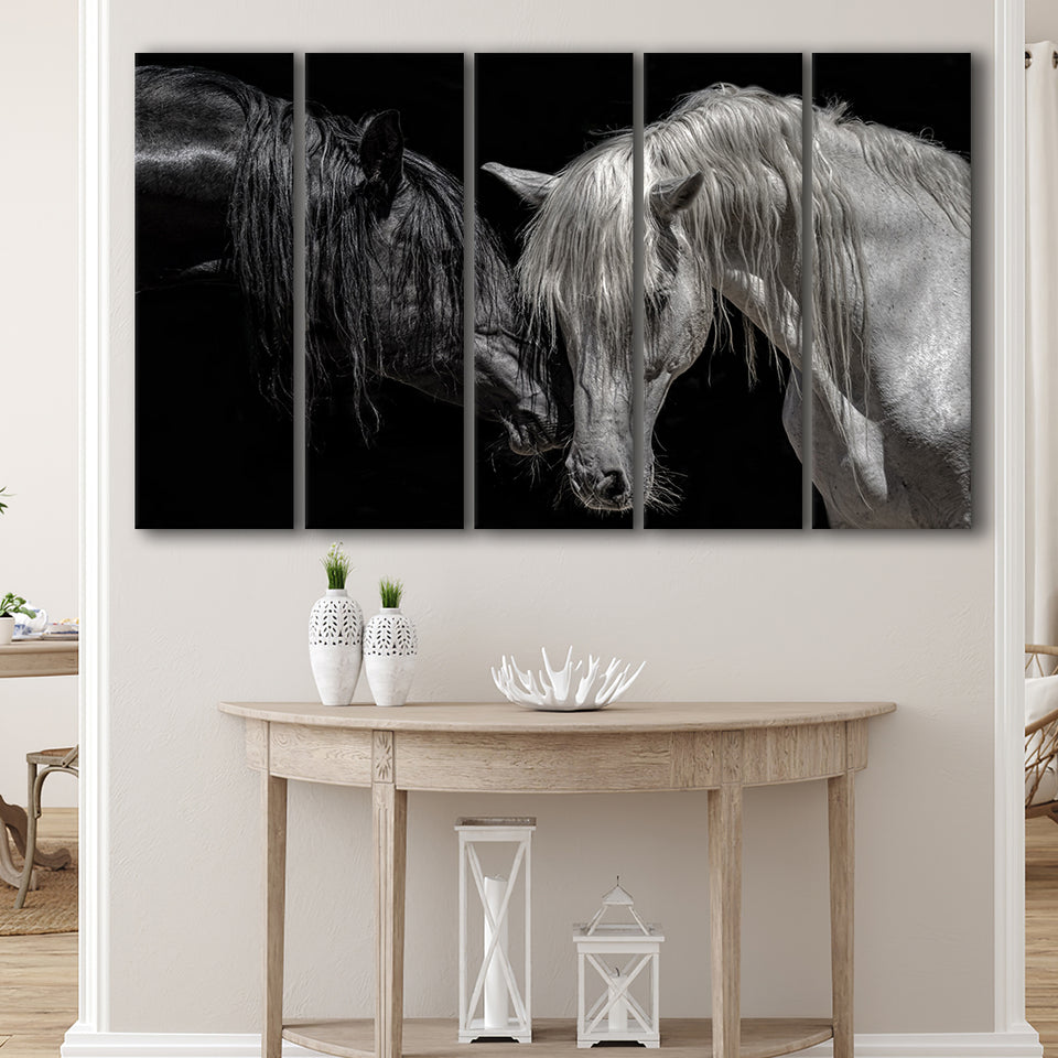 Black And White Horse, Horse Couple, Multi Panels, 5 Pieces B, Canvas Prints Wall Art Home Decor,X Large Canvas