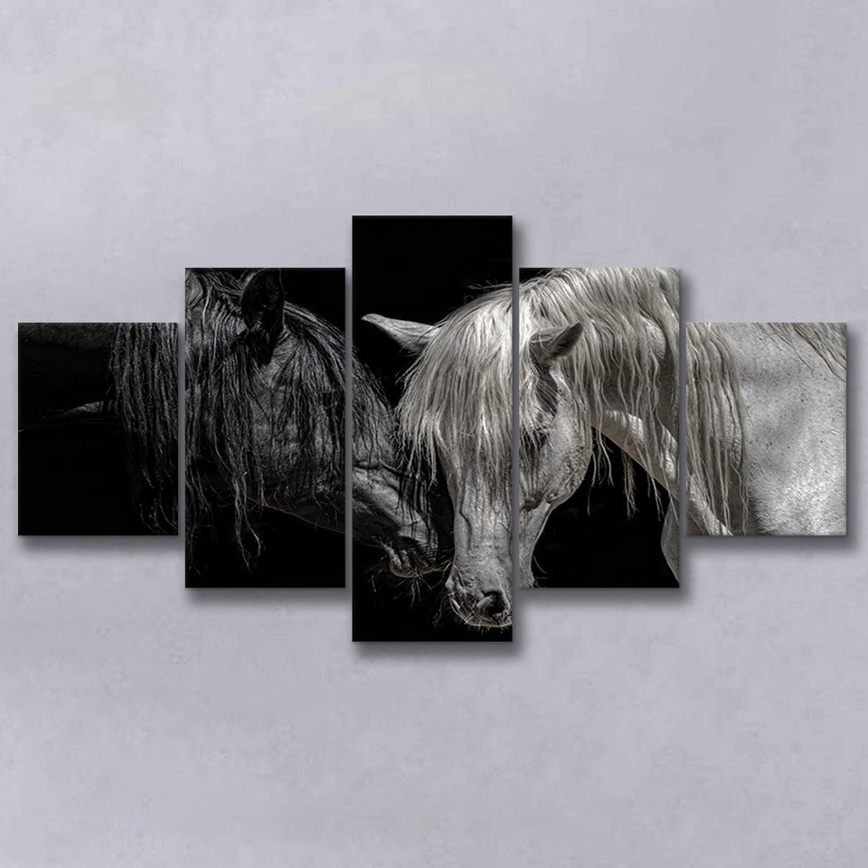 Black And White Horse, Horse Couple, Multi Panels, 5 Pieces, Canvas Prints Wall Art Home Decor