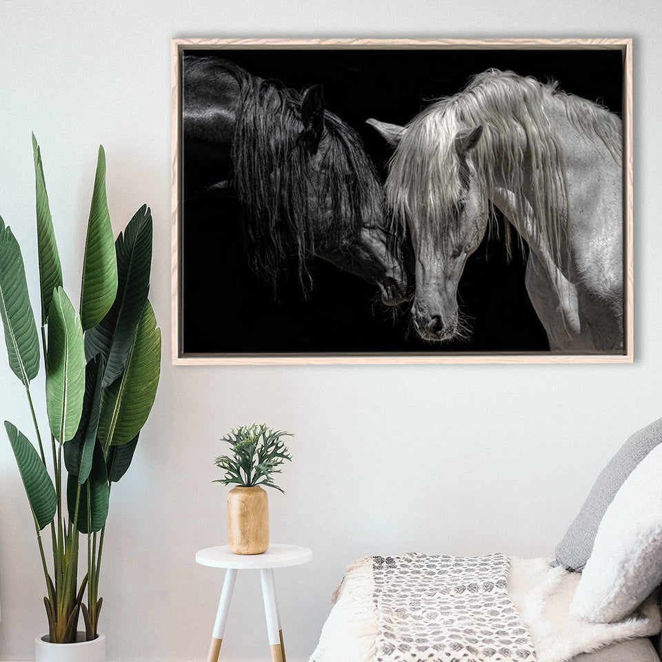 Black And White Horse, Horse Couple, Framed Canvas Prints Wall Art Home Decor,Floating Frame, Ready to Hang
