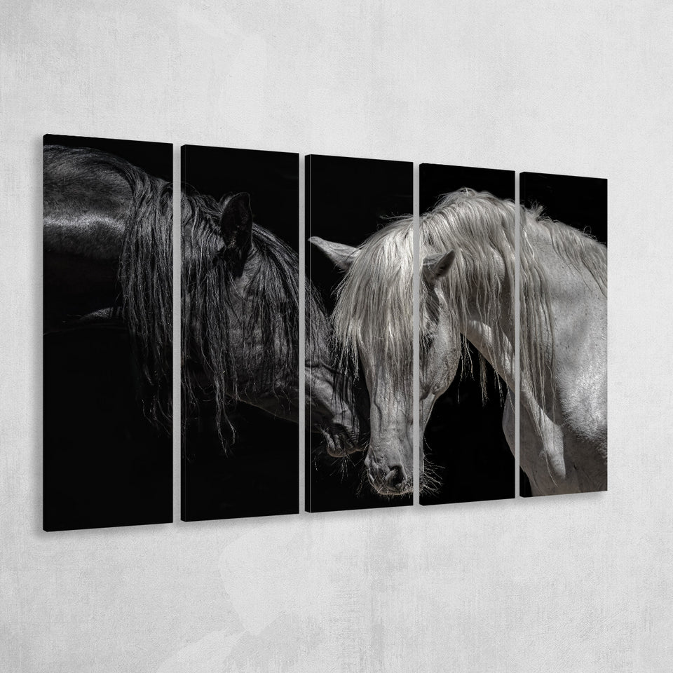 Black And White Horse, Horse Couple, Multi Panels, 5 Pieces B, Canvas Prints Wall Art Home Decor,X Large Canvas