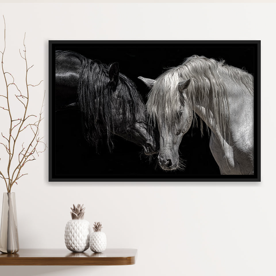 Black And White Horse, Horse Couple, Framed Canvas Prints Wall Art Home Decor,Floating Frame, Ready to Hang