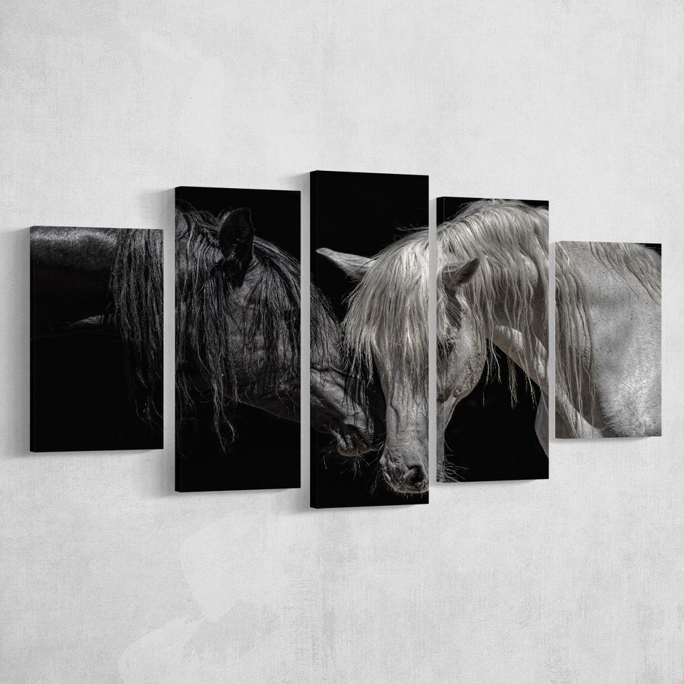 Black And White Horse, Horse Couple, Multi Panels, 5 Pieces, Canvas Prints Wall Art Home Decor