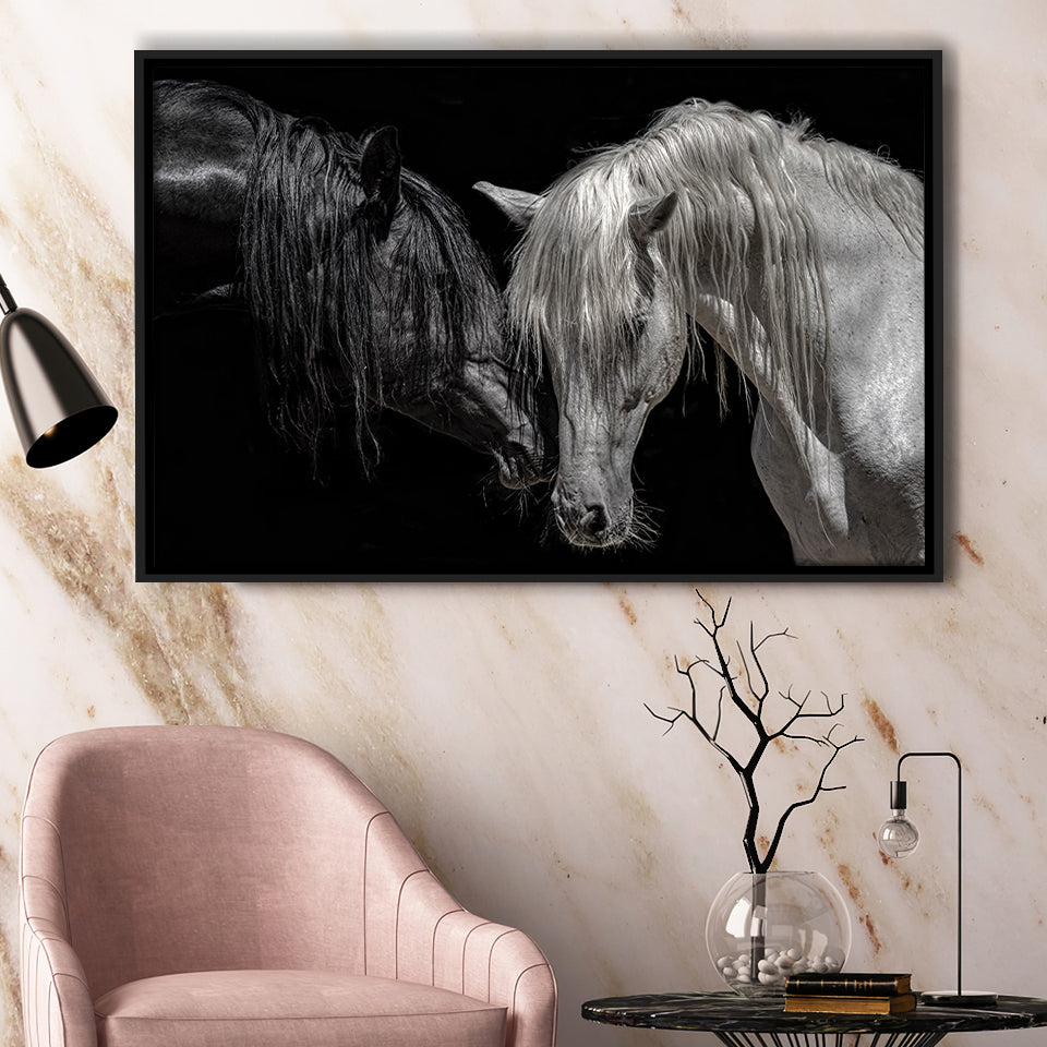 Black And White Horse, Horse Couple, Framed Canvas Prints Wall Art Home Decor,Floating Frame, Ready to Hang