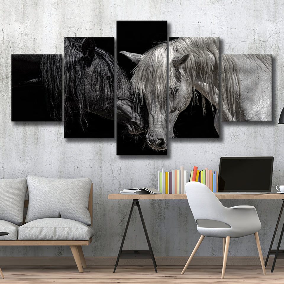 Black And White Horse, Horse Couple, Multi Panels, 5 Pieces, Canvas Prints Wall Art Home Decor