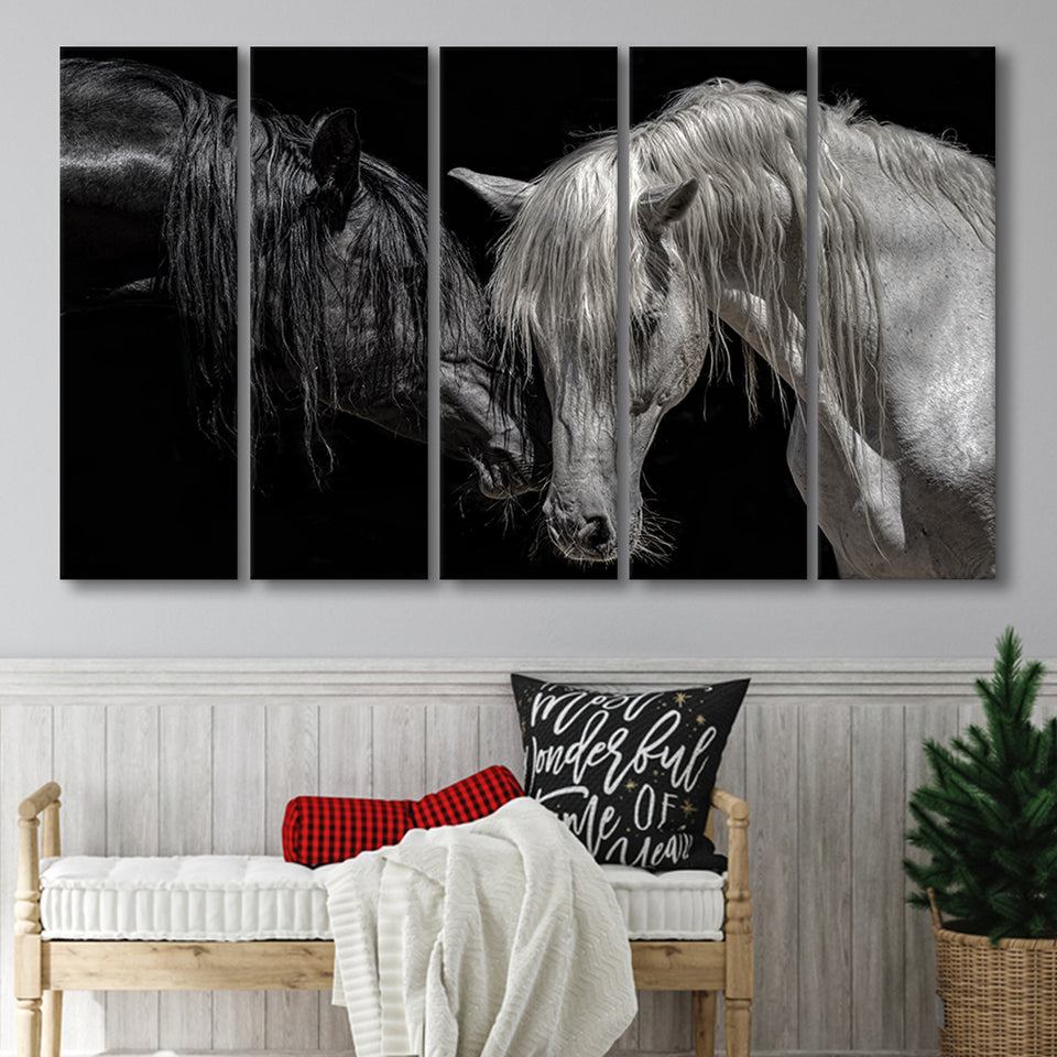 Black And White Horse, Horse Couple, Multi Panels, 5 Pieces B, Canvas Prints Wall Art Home Decor,X Large Canvas