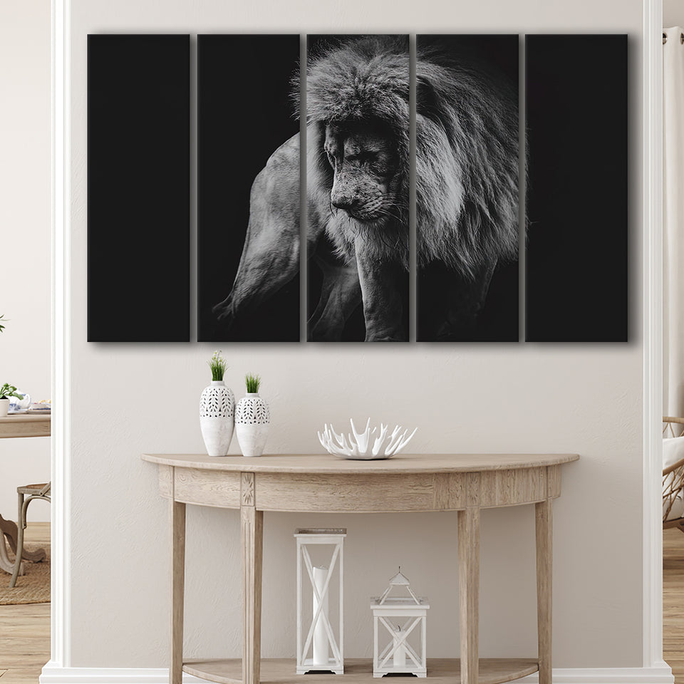 Black And White Lion, Lion Wall Art, Multi Panels, 5 Pieces B, Canvas Prints Wall Art Home Decor,X Large Canvas
