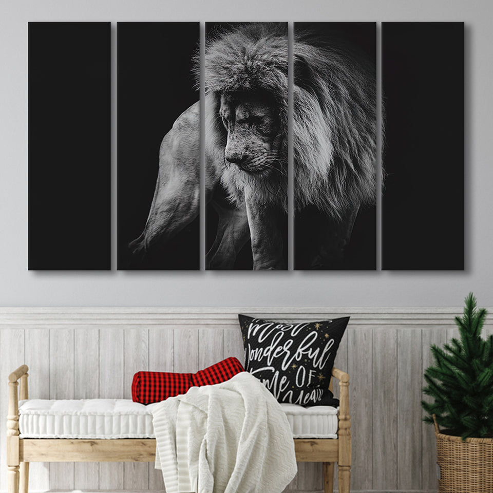 Black And White Lion, Lion Wall Art, Multi Panels, 5 Pieces B, Canvas Prints Wall Art Home Decor,X Large Canvas