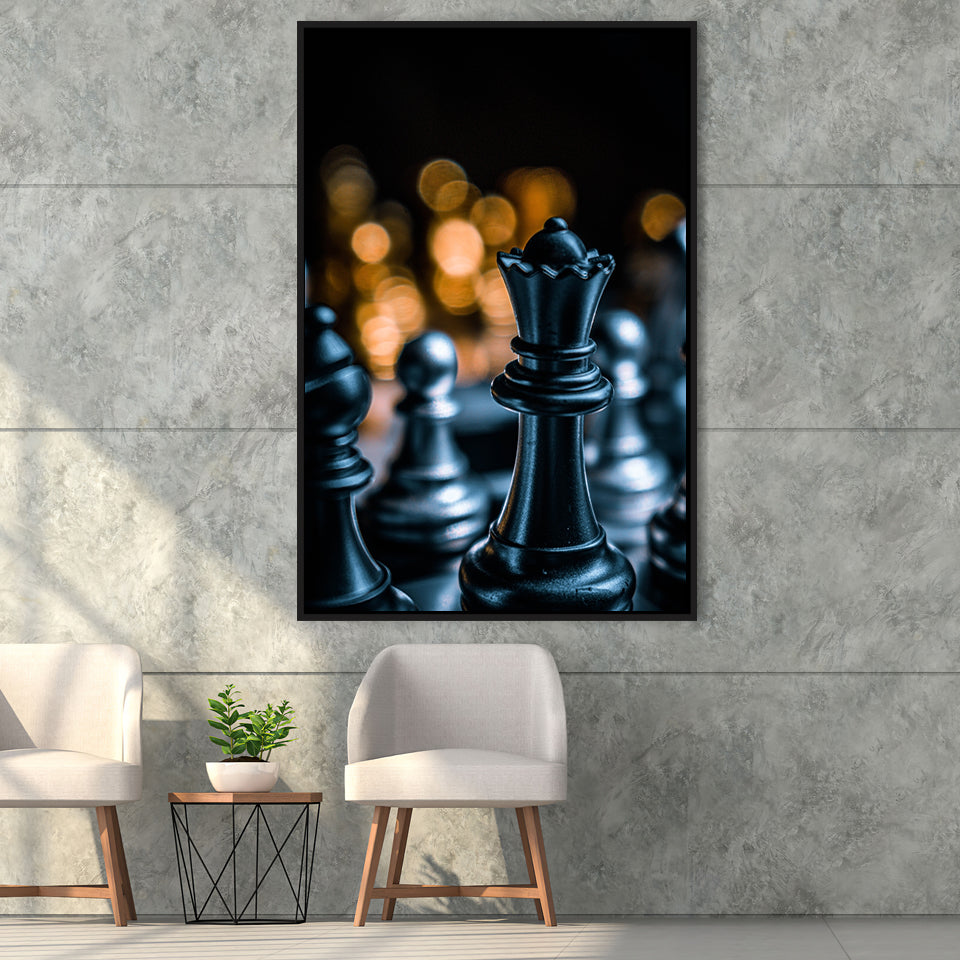 Black Chess Piece Art Framed Canvas Prints Wall Art, Floating Frame, Large Canvas Home Decor