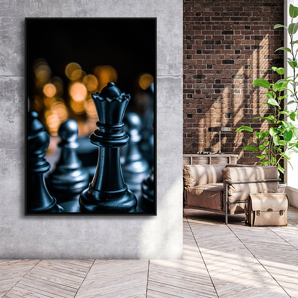 Black Chess Piece Art Framed Canvas Prints Wall Art, Floating Frame, Large Canvas Home Decor