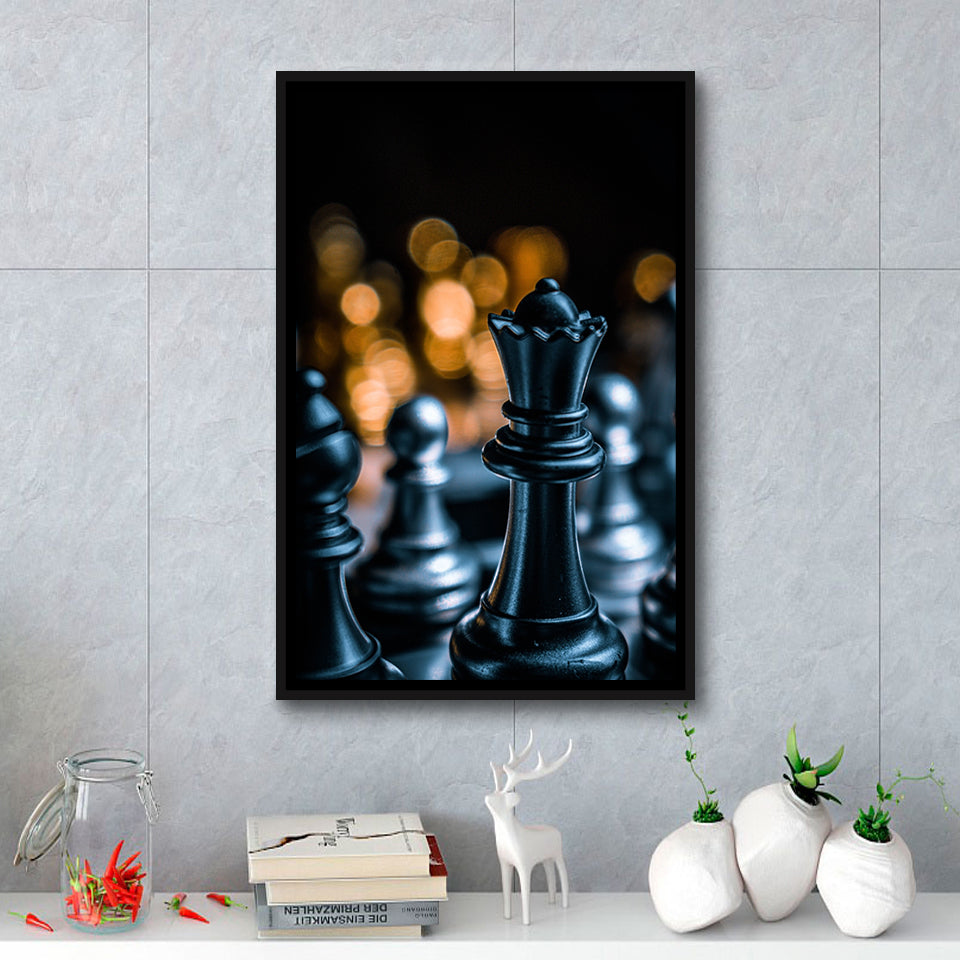 Black Chess Piece Art Framed Canvas Prints Wall Art, Floating Frame, Large Canvas Home Decor