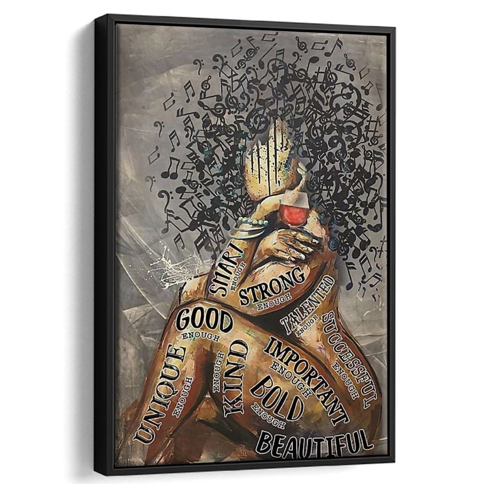 Black Girl Hair Music And Wine Framed Canvas Prints Wall Art - Painting Canvas, Framed Picture, Home Art Decor