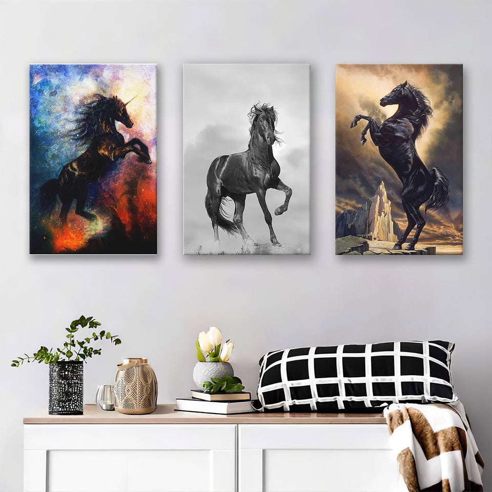 Black Stallion, Stallion Printed, Black Horse Wall Decor Set of 3 Piece Canvas Prints Wall Art Decor
