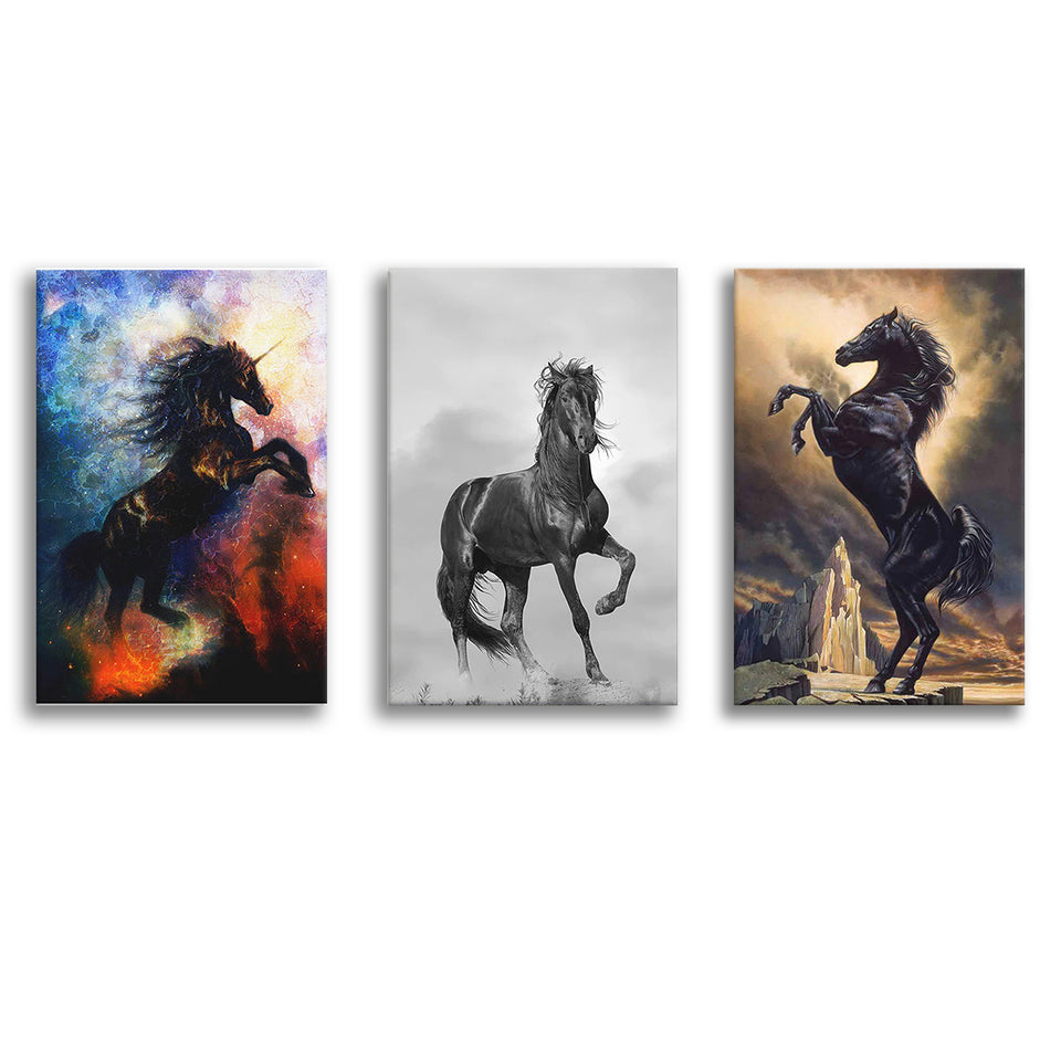 Black Stallion, Stallion Printed, Black Horse Wall Decor Set of 3 Piece Canvas Prints Wall Art Decor