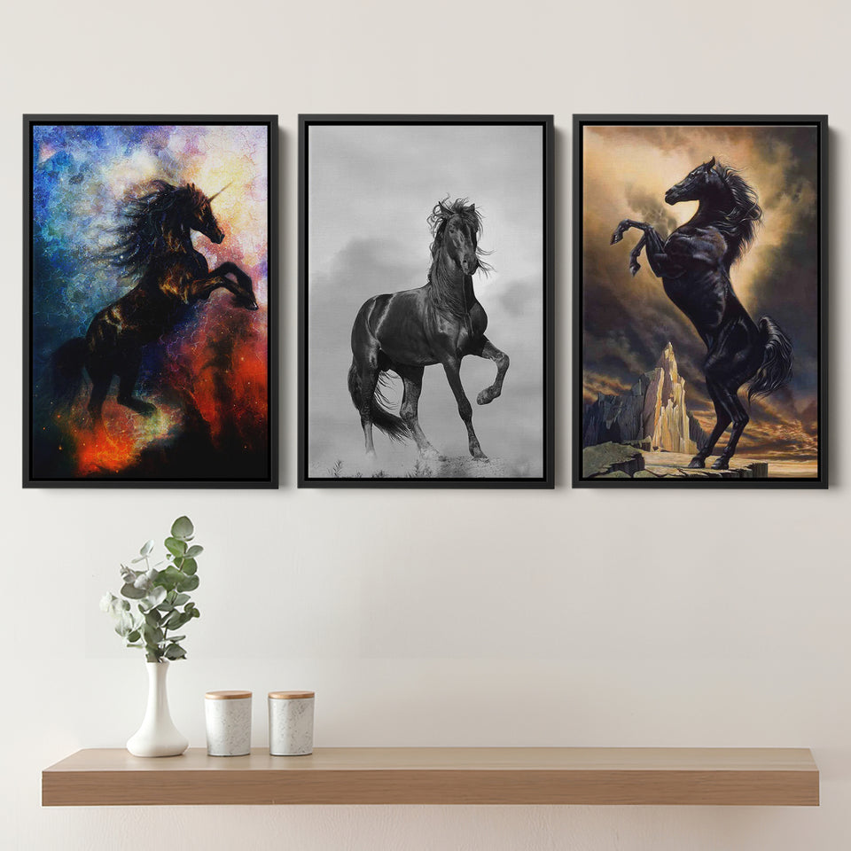 Black Stallion, Stallion Printed, Black Horse Wall Decor Set of 3 Piece Framed Canvas Prints Wall Art Decor