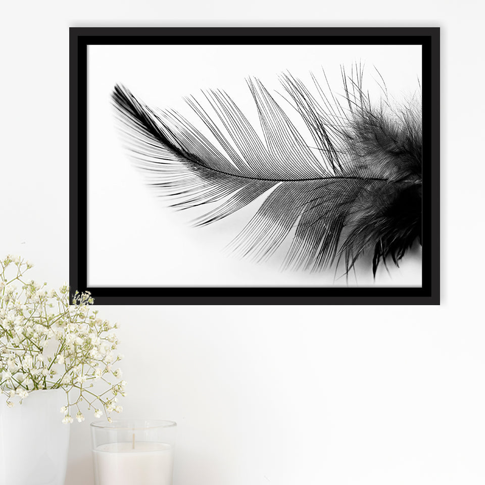 Black White Feather Framed Canvas Prints Wall Art Decor, Framed Picture, Floating Frame