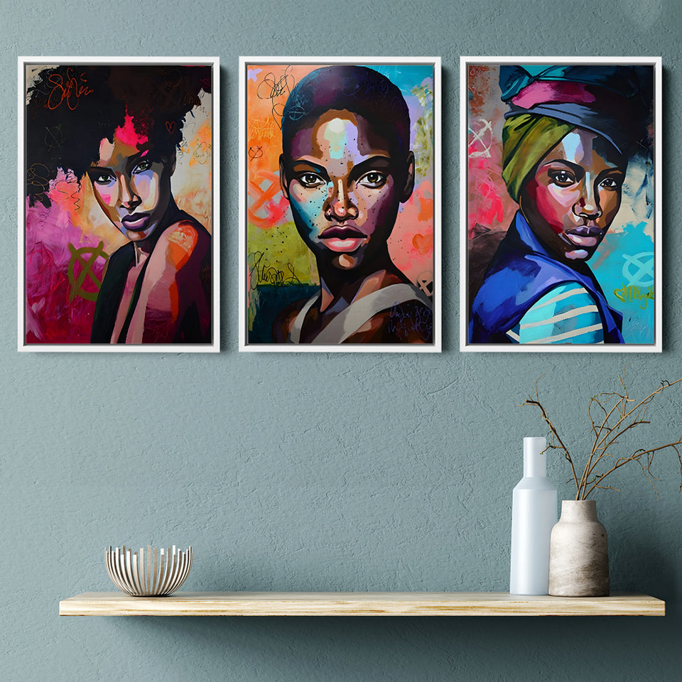 Black Woman Portrait Wall Art Print Multi African Girl Set of 3 Piece Framed Canvas Prints Wall Art Decor