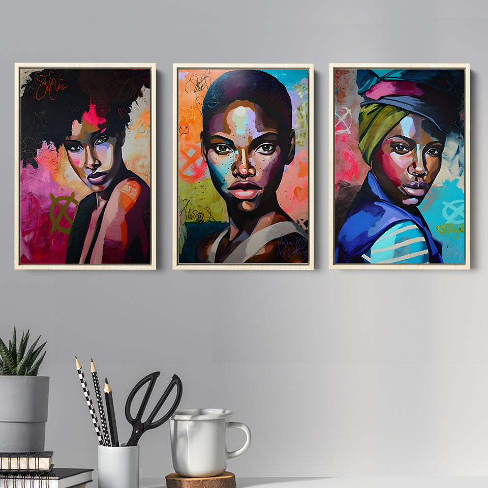 Black Woman Portrait Wall Art Print Multi African Girl Set of 3 Piece Framed Canvas Prints Wall Art Decor