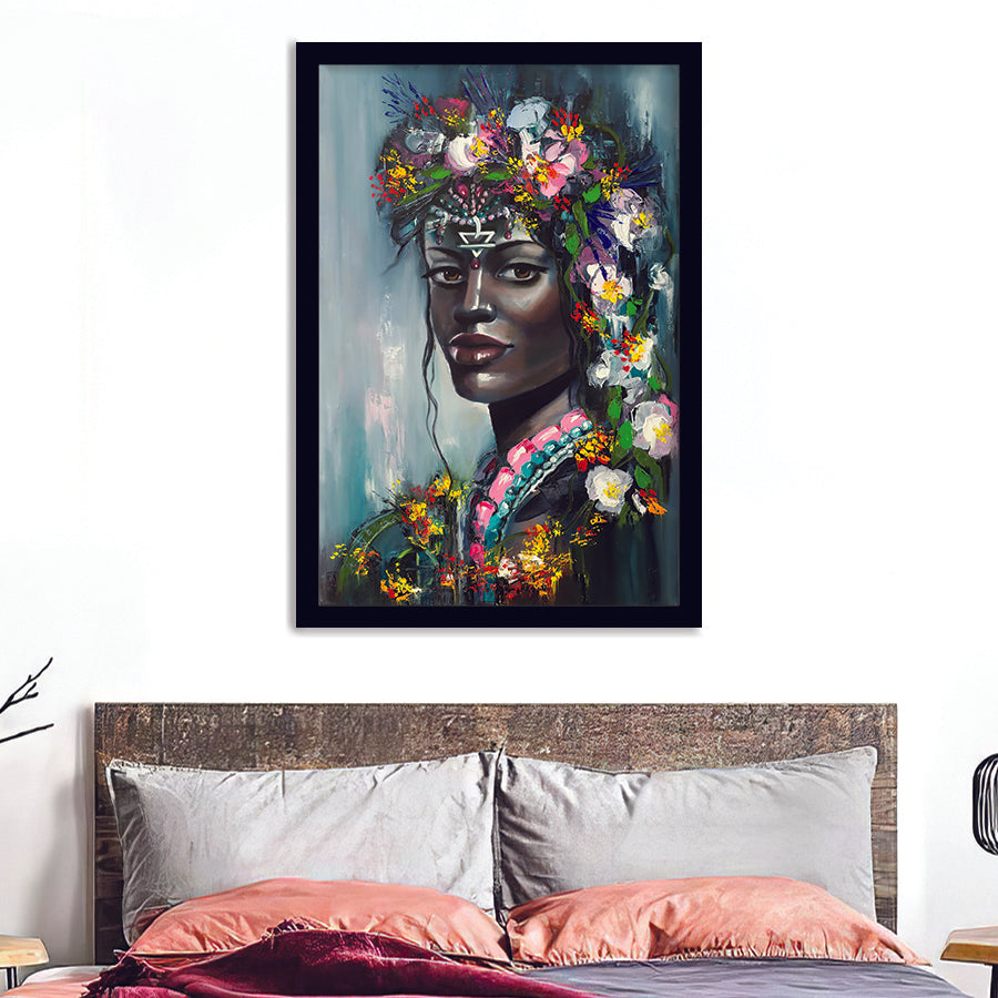 Black Women Floral Headdress Framed Wall Art Prints - Painting prints, Framed Prints,Framed Art, Prints for Sale