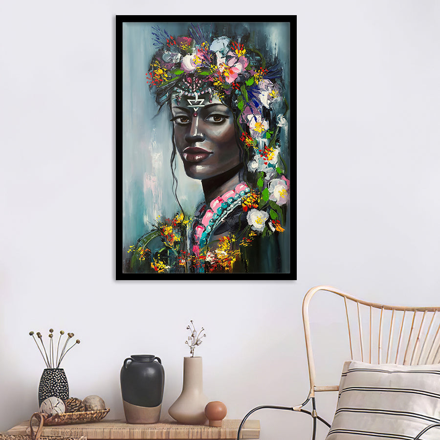 Black Women Floral Headdress Framed Wall Art Prints - Painting prints, Framed Prints,Framed Art, Prints for Sale