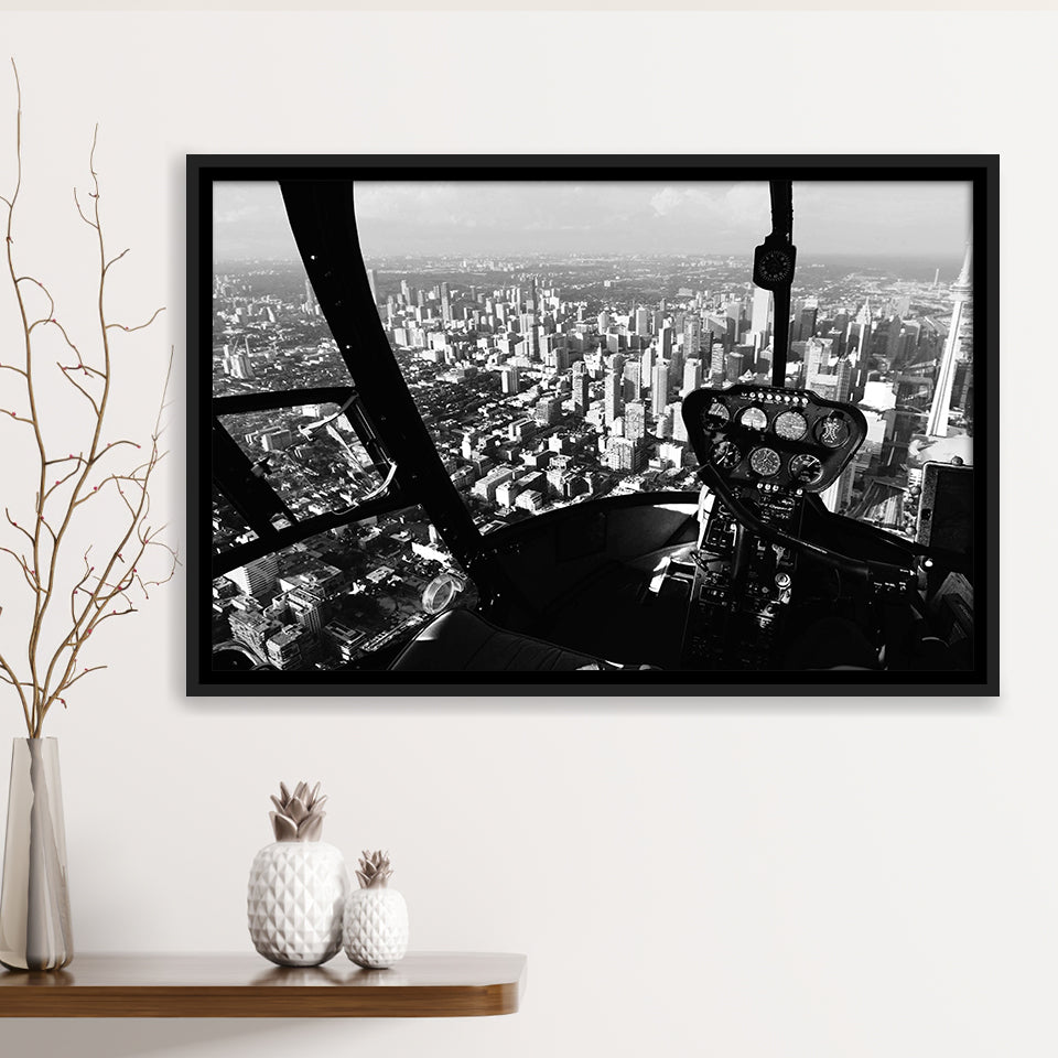 Black & White Helicopter Cockpit, Aviation Print Framed Canvas Prints Wall Art Decor, Black Floating Frame