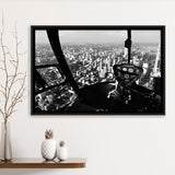 Black & White Helicopter Cockpit, Aviation Print Framed Canvas Prints Wall Art Decor, Black Floating Frame