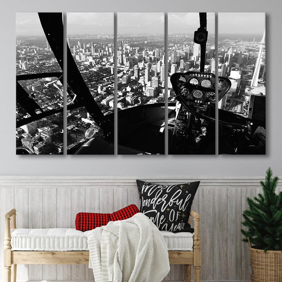 Black & White Helicopter Cockpit, Aviation Print 5 Panels B,Large Canvas,Canvas Prints Wall Art Home Decor