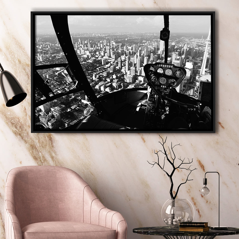 Black & White Helicopter Cockpit, Aviation Print Framed Canvas Prints Wall Art Decor, Black Floating Frame