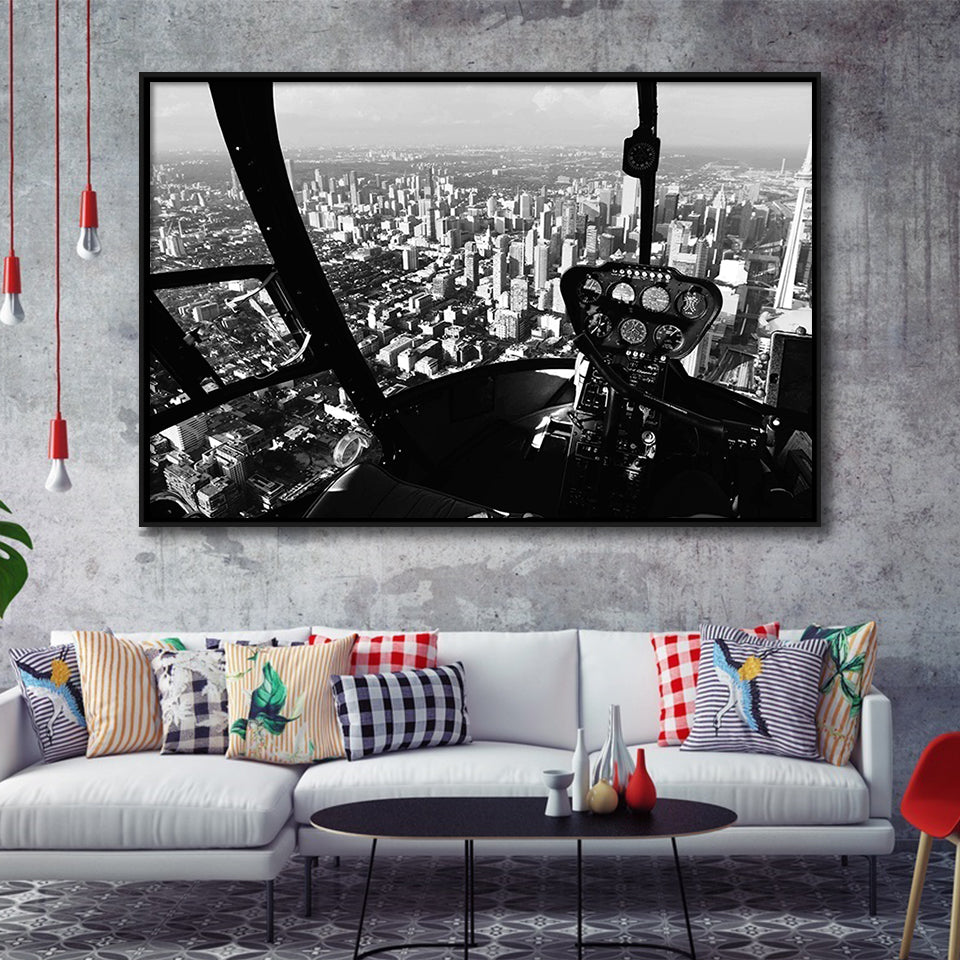 Black & White Helicopter Cockpit, Aviation Print Framed Canvas Prints Wall Art Decor, Black Floating Frame