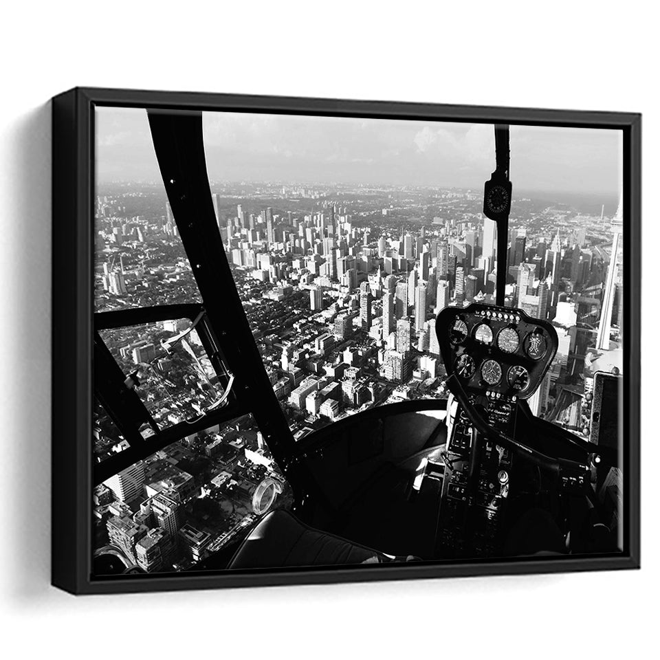 Black & White Helicopter Cockpit, Aviation Print Framed Canvas Prints Wall Art Decor, Black Floating Frame
