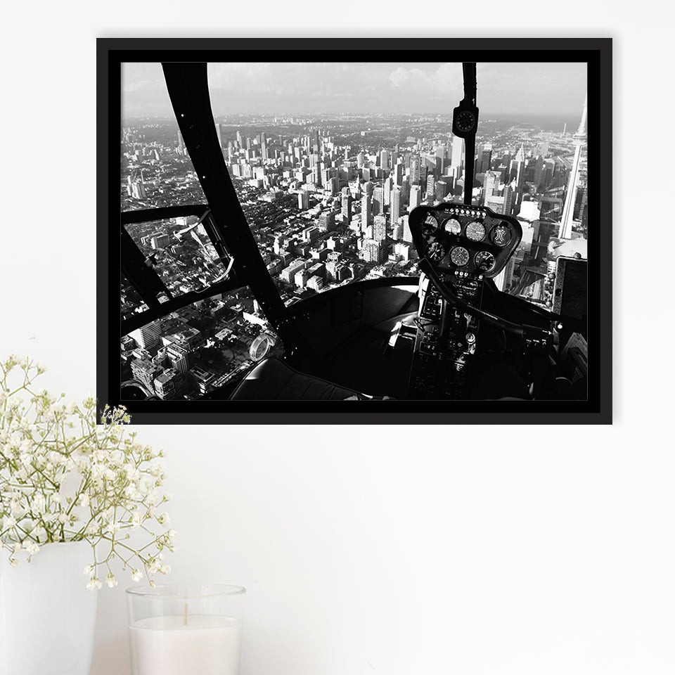 Black & White Helicopter Cockpit, Aviation Print Framed Canvas Prints Wall Art Decor, Black Floating Frame