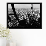 Black & White Helicopter Cockpit, Aviation Print Framed Canvas Prints Wall Art Decor, Black Floating Frame