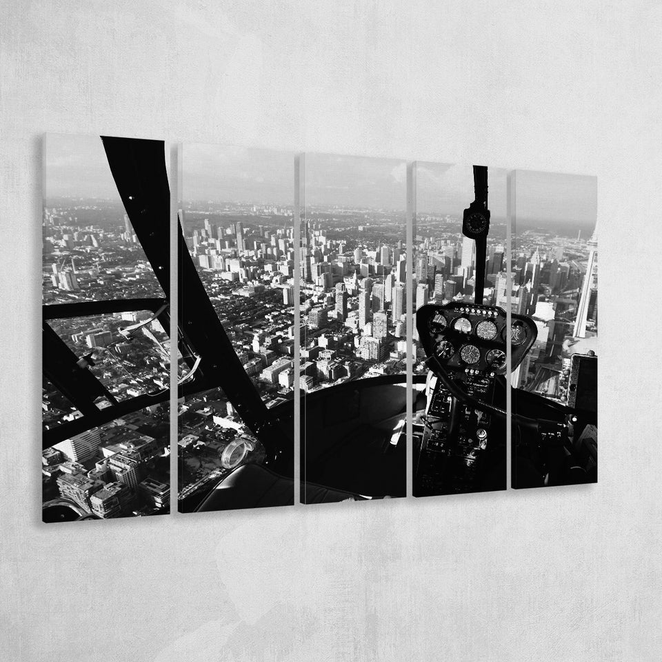 Black & White Helicopter Cockpit, Aviation Print 5 Panels B,Large Canvas,Canvas Prints Wall Art Home Decor