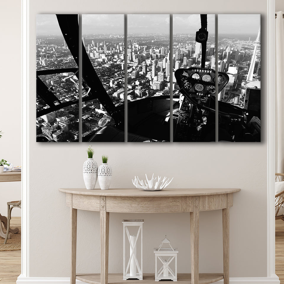 Black & White Helicopter Cockpit, Aviation Print 5 Panels B,Large Canvas,Canvas Prints Wall Art Home Decor