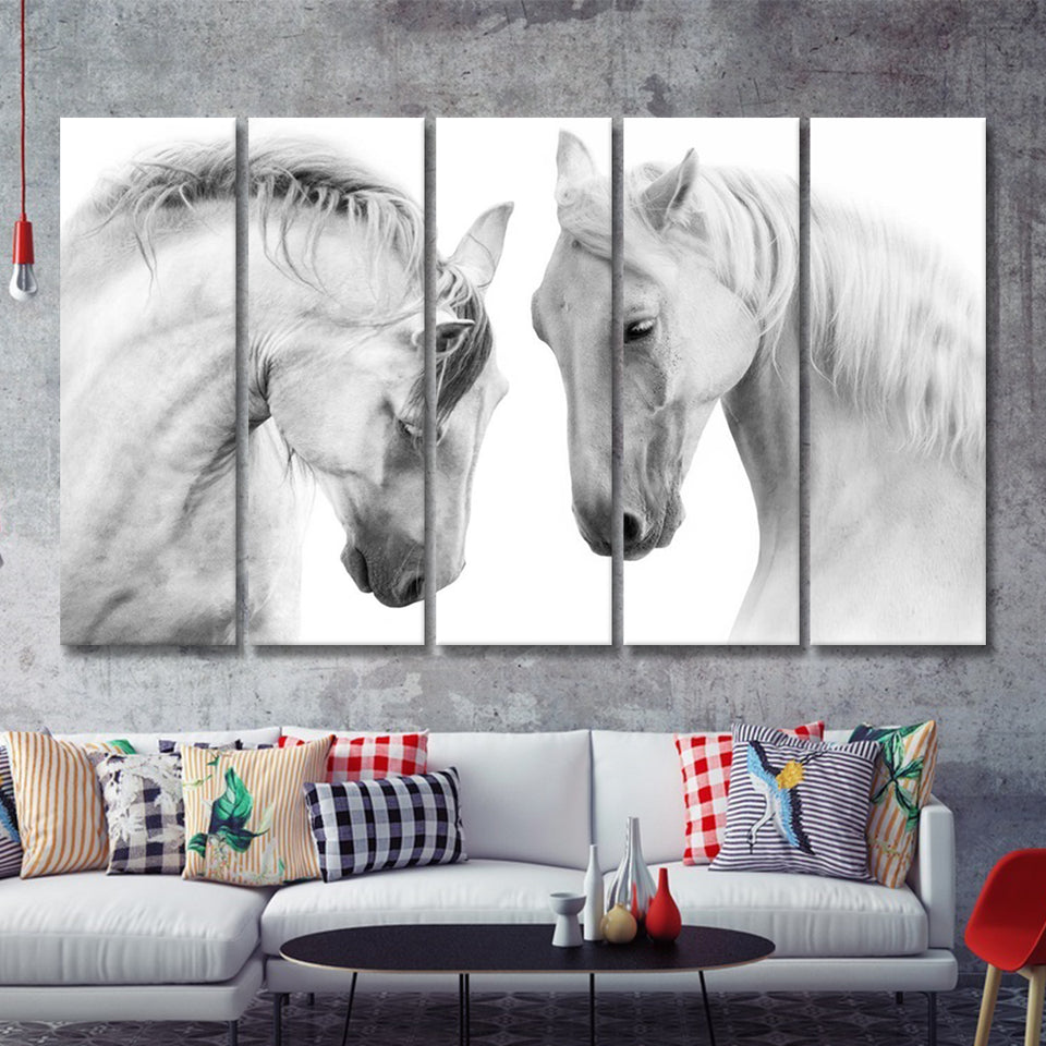 Black and White Horses 5 Piece B Canvas Prints Wall Art Decor - Painting Canvas, Multi Panels