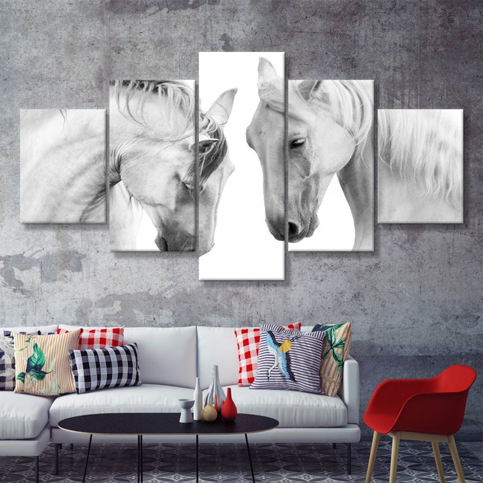 Black and White Horses 5 Piece Canvas Prints Wall Art Decor - Painting Canvas, Multi Panels