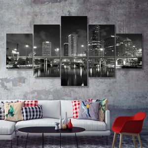 Black And White Tampa In Florida  5 Pieces Canvas Prints Wall Art - Painting Canvas, Multi Panels, 5 Panel, Wall Decor