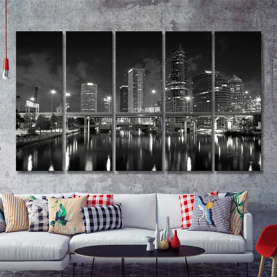 Black And White Tampa In Florida 5 Pieces B Canvas Prints Wall Art - Painting Canvas, Multi Panels,5 Panel, Wall Decor