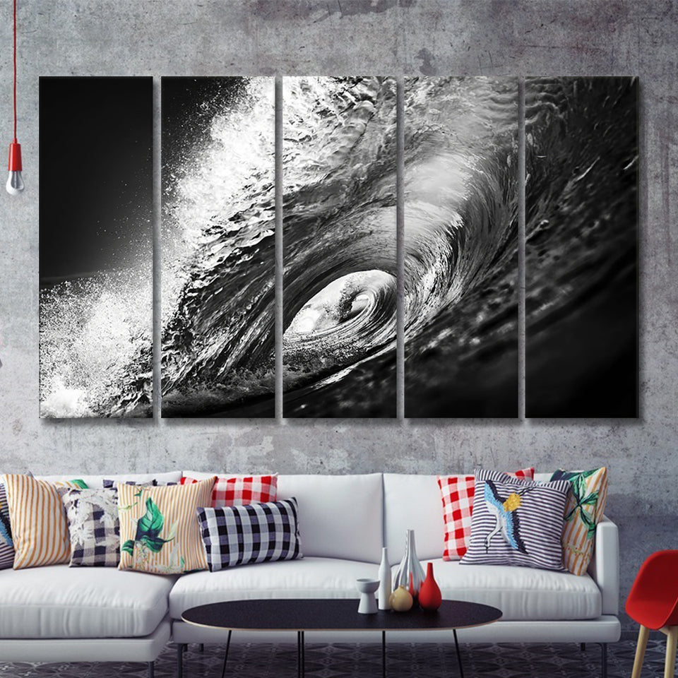 Black And White Wave 5 Pieces Canvas Prints Wall Art - Painting Canvas, Multi Panels, Wall Decor