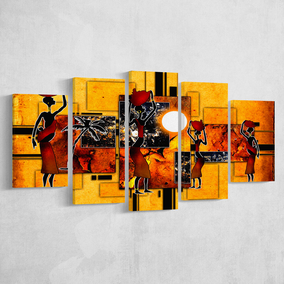 Black And Gold African Colorful 5 Piece Canvas Prints Wall Art Decor, Multi Panels, Mixed Canvas